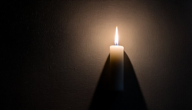 a single lit candle casting a long shadow on a dark wall