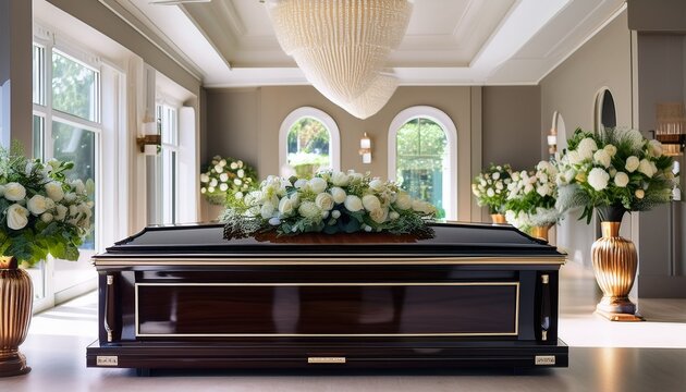 bright funeral home interior with a dark wooden casket and flower displays