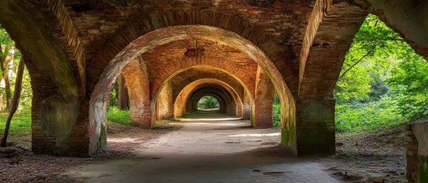 Sunlit brick archway path weathered stone structure historical ruin nature scene