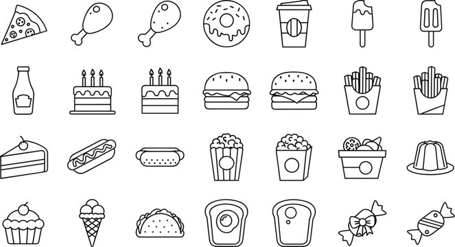 Set of food and snack vector icons including pizza, burgers, ice cream, cake, and beverages for fast food and meal designs
