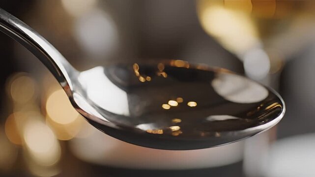 Closeup of a Spoon with Liquid and Reflections.