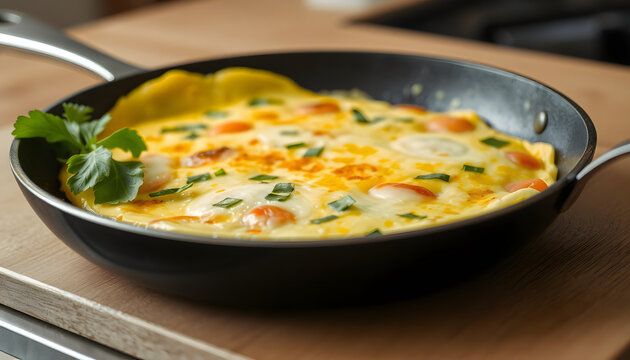 Turkish Menemen omelet close-up in a frying pan. Horizontal, smooth light. White tone