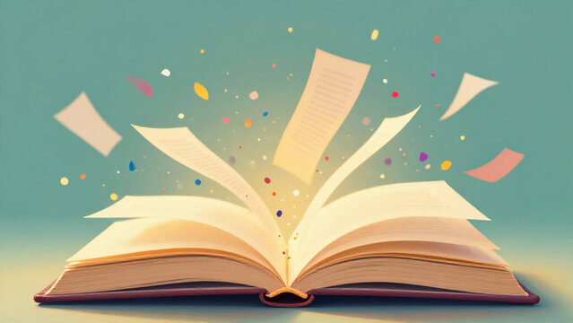 Open book with glowing pages releasing colorful light particles for literacy and education concept