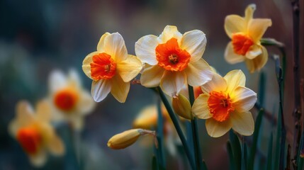 Fototapeta premium Cluster of yellow and white daffodils with bright orange centers in soft focus flower