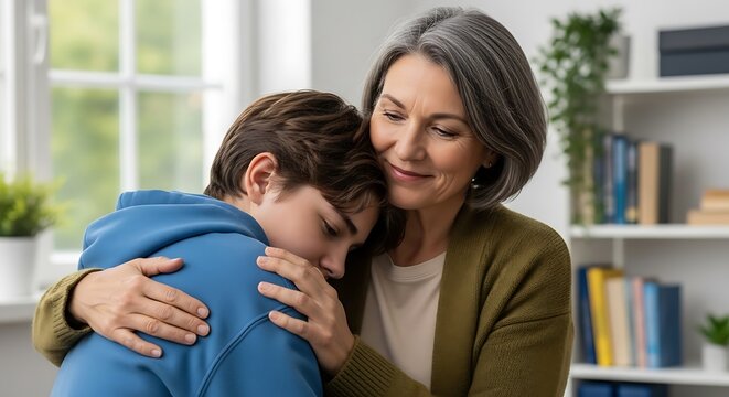 Caring mother comforting her sad teenage son with a warm hug.