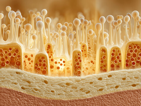 Human utricle macula otolith organ anatomy illustration showing vestibular sensory epithelium otoconia crystals hair cells and gelatinous membrane in warm amber gold tones on white background