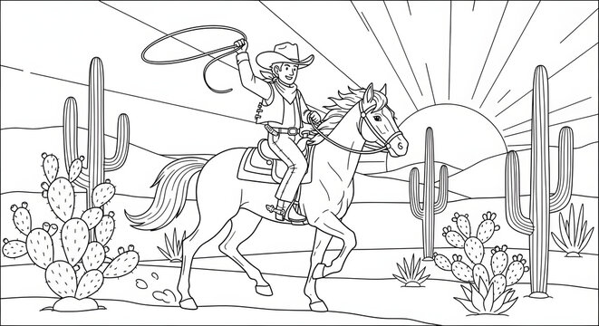 coloring page Texas cowboy horse desert cactus line art black white