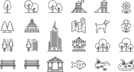 Obraz premium Set of outdoor park vector icons including trees, playgrounds, benches, fountains, and recreational elements for public space designs