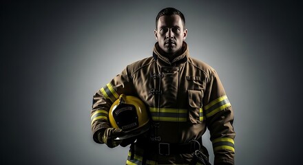 Fototapeta premium Portrait of a brave male firefighter in uniform holding a helmet, ready to serve and protect