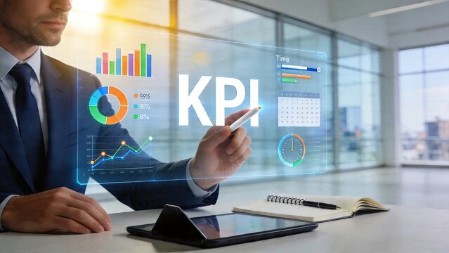 Businessman interacting with holographic KPI dashboard displaying charts and graphs in modern office setting futuristic technology interface for corporate performance monitoring
