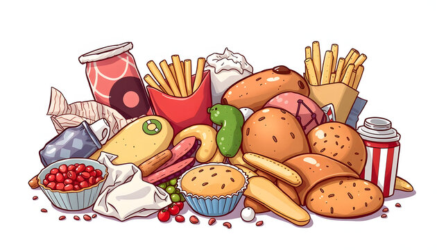 Assorted of american junk food assortment, color sketch. White tone