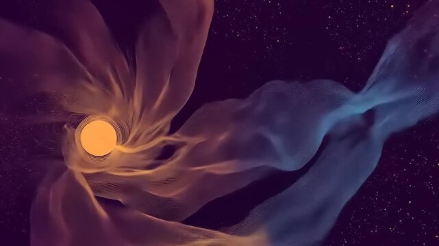 Abstract swirling lines radiating from luminous sphere against starry void