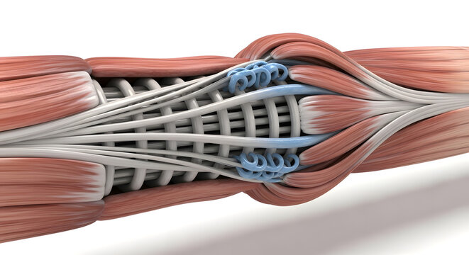 Detailed 3D Illustration of Forearm Muscle Anatomy Showing Tendons, Fascia and Skeletal Muscle Fibers

