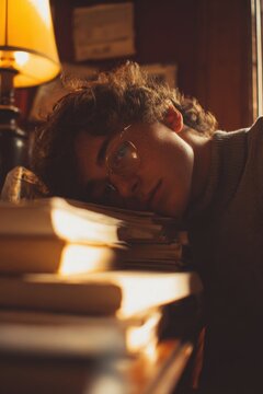 Vertical portrait of person slouched forward with book in warm homey setting