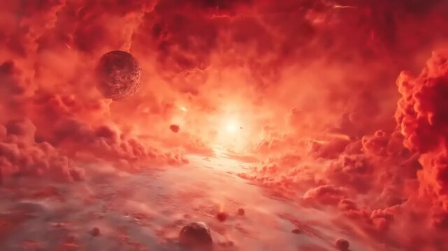 Cataclysmic meteor shower impacting desolate celestial body under intense red stellar light