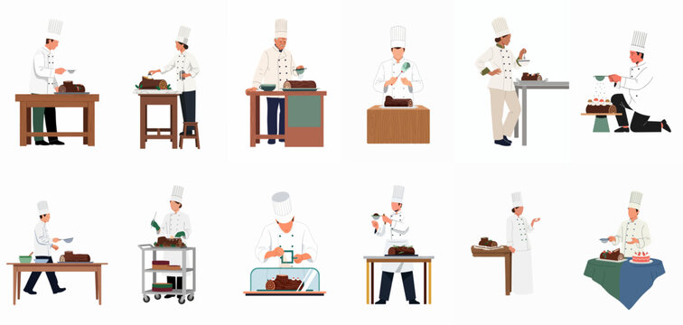 Set of diverse chefs in white uniforms and tall hats preparing and decorating traditional Christmas Yule log cakes in a bakery.