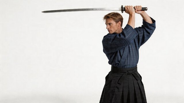 Male samurai holding sword ready to attack martial arts training japanese culture concept focus on technique warrior spirit and discipline