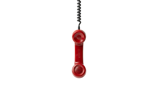 Handset Telepon Merah Klasik Tergantung Pada Kabel Spiral Hitam dengan Latar Belakang Hitam Polos