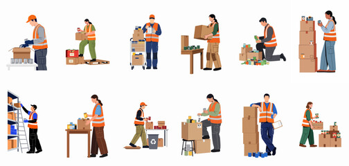 Set of vector illustrations featuring warehouse workers and volunteers in high-visibility vests packing food boxes and organizing inventory for charity or logistics. © Siji