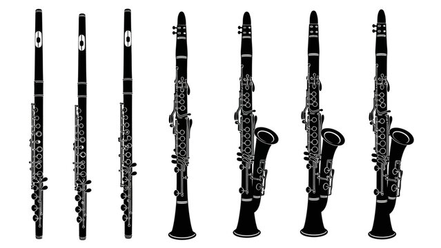 Woodwind Instruments Collection: Flutes and Clarinets Silhouettes
