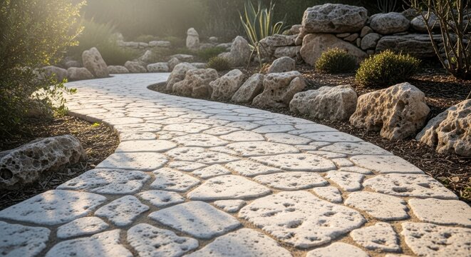 Winding garden path paved with irregularly shaped light limestone stones surrounded by natural rocks and greenery