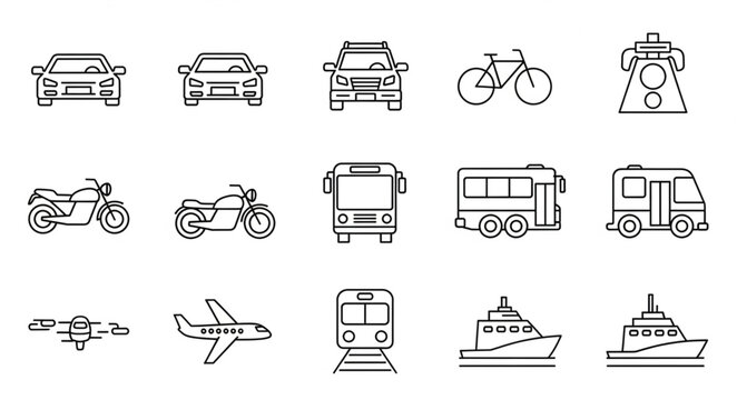 Collection of various transportation vehicle icons line art.