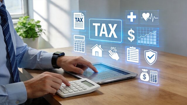Businessman using tablet calculator for tax return calculation in office with holographic interface symbols investment growth chart financial planning icons