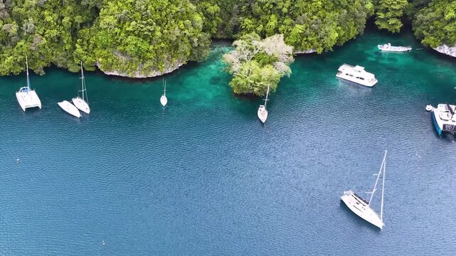 Aerial view of luxury yachts moored in a tranquil tropical bay surrounded by lush green islands with crystal clear turquoise water.