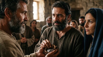 Obraz premium Man and woman offering a bag of money to an apostle. Biblical scene depicting Ananias and Sapphira in the early church. Ancient history, sacrifice, and religious faith concept.
