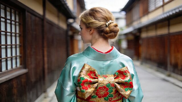 Young blonde woman wearing traditional blue kimono with intricate obi sash featuring floral pattern walking down narrow historic wooden street