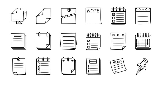 Minimal doodle note icons vector set with clean outline memo paper checklist and reminder symbols in grid isolated on white