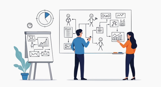 Flat vector illustration of a team collaborating on a project