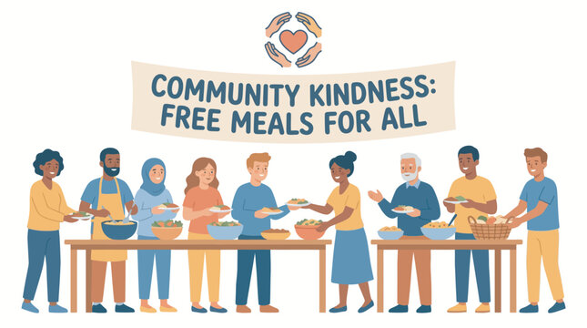 Volunteers serving free meals to people at a community food kitchen