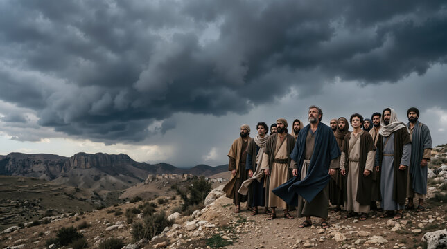Group of biblical apostles standing in the desert looking up at a dramatic cloudy sky. Ancient historical religious concept with men in traditional robes