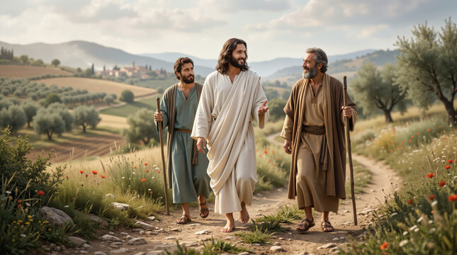 Biblical scene of Jesus Christ walking with two disciples on a dirt path. The risen Christ talking with followers on the road to Emmaus. Easter season religious concept