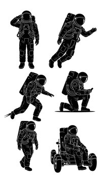 Astronauts in Space Suits: Diverse Poses and Actions - Vector Illustration