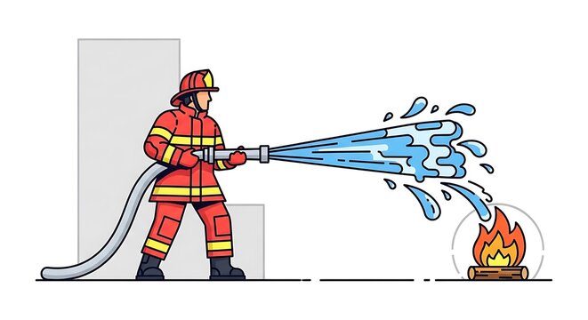 Firefighter in protective gear spraying water from a hose to extinguish a campfire