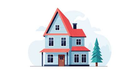 Fototapeta premium A charming two story illustrated house with a red roof light blue siding and a small evergreen tree