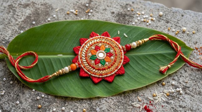 Image showcases a vibrant and intricately designed rakhi placed on a large green leaf. The rakhi features a central circular motif with a floral design, predominantly in red, orange, and green hues. T