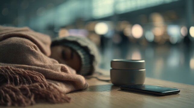 Solo traveler on layover sleeping beside charging station with phone face down