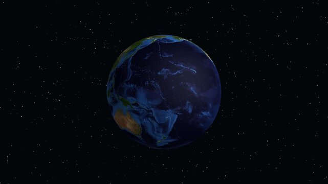 Earth zoom from space to Mysore India with coordinates marker in globe rotation animation.