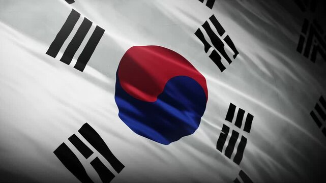 South Korea Flag Waving with Taegeuk Symbol and Trigrams, White Fabric Texture Background, Korean National Identity Motion Loop