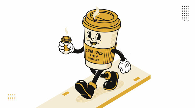 Cartoon coffee cup character walking with a small coffee jar