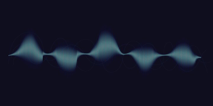 Abstract blue audio waveform and voice recognition signal. Digital sound frequency visualization on dark background. Vector illustration of music equalizer, radio waves, and electronic heartbeat.