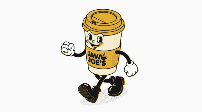 Cartoon coffee cup character walking with Java Joe's logo