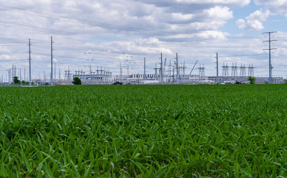 View of new Data Center in Hutto, Texas, behind field with crops. Electrical towers and power lines stretch to the horizon under a cloudy sky.