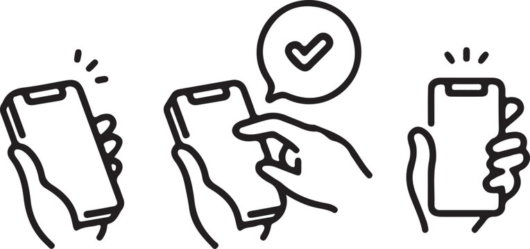 Line drawing of hands holding smartphones with one having a checkmark in a speech bubble  mobile phone user interface