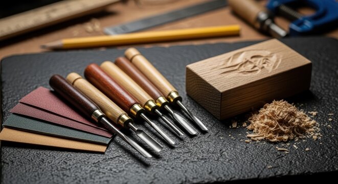 Professional carving chisels and sandpaper grit laid out beside intricately carved wooden block on textured surface