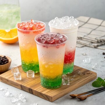 Vibrant Layered Refreshing Drinks with Colorful Fruit Flavors and Ice for Summer Enjoyment