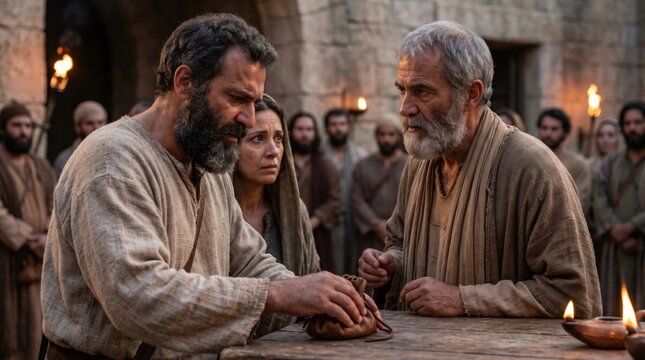 Ananias and Sapphira bringing pouch of money to apostle Peter. Biblical scene from Acts of the Apostles showing deception in early church. Ancient historical drama, spiritual betrayal.